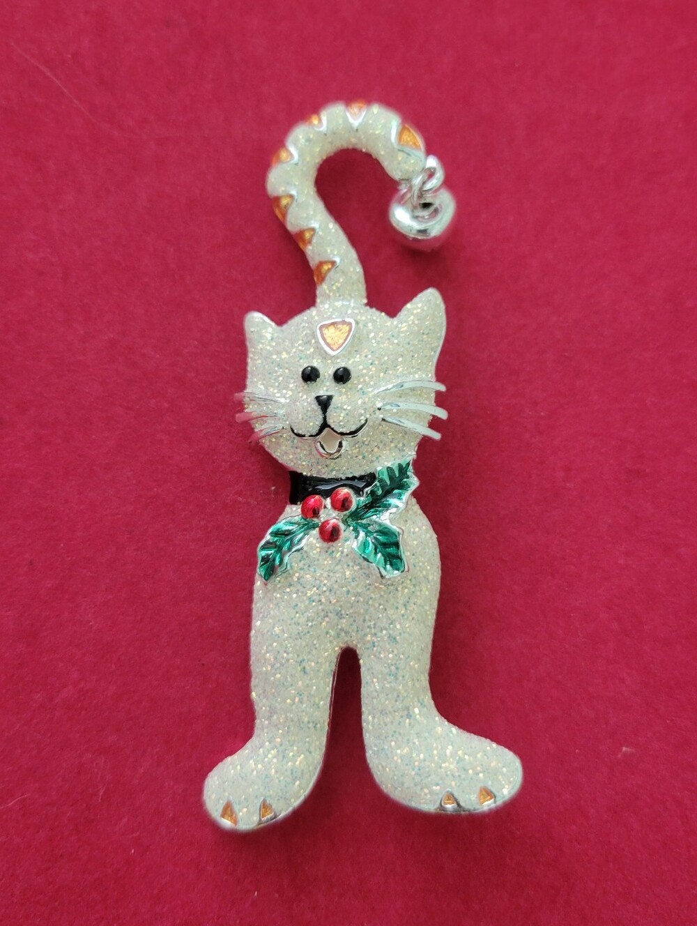 Christmas Cat Glitter Enamel Vintage Silver Brooch Pin Jewelry